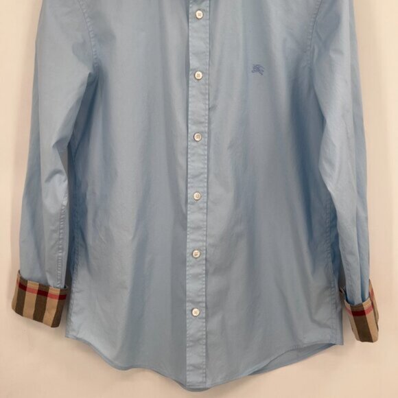 Burberry Men’s Luxury Light Blue Button-Up Shirt with Check Cuffs Size M - Picture 3 of 12